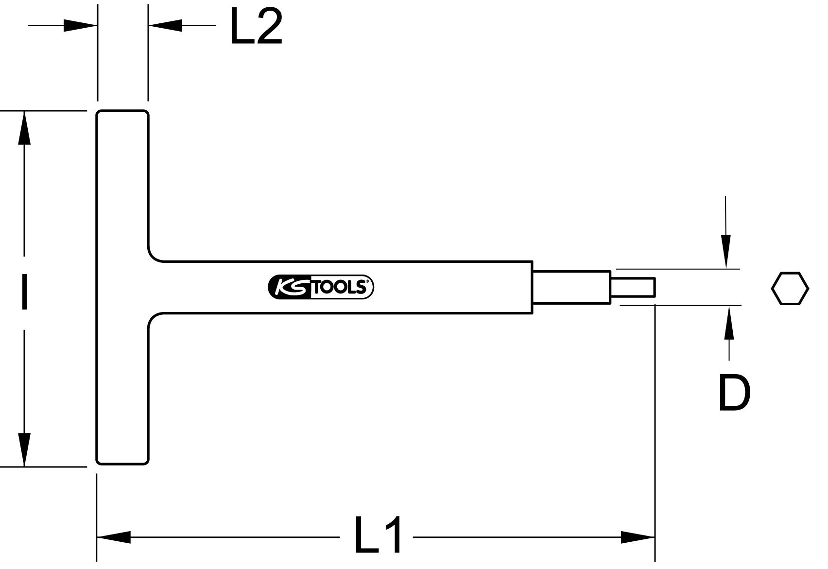 Diagramm eines T-Schlüssel-Werkzeugs von KS Tools, zeigt Maße: L2 (Querbalkenlänge), L1 (Gesamtlänge), I (Griffhöhe), D (Sechskantgröße).