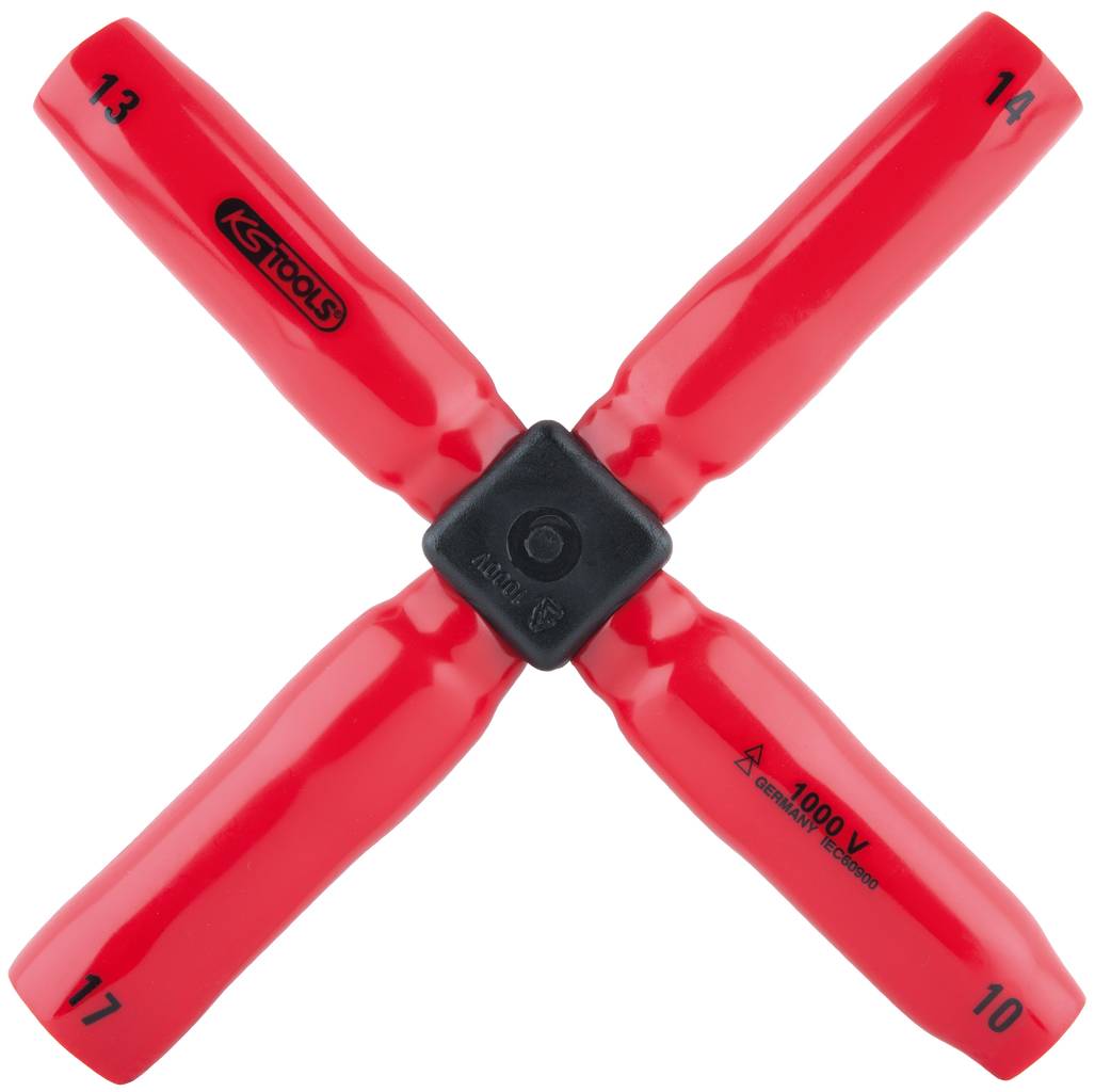 Rotes Vierwege-Schraubenschlüssel-Set in Kreuzform, mit den Größen 10, 13, 14 und 17. Geeignet für Arbeit mit hoher Spannung bis 1000V.