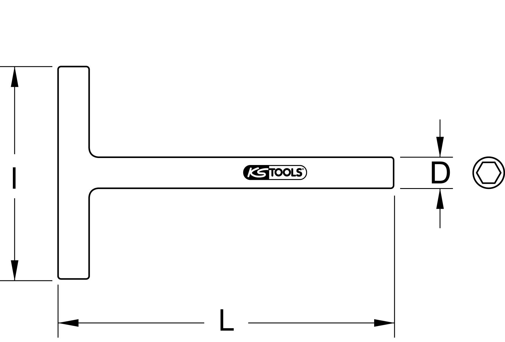 'T-Griff-Schlüssel' mit Maßangaben: I, L, D. Markenlogo in der Mitte. Werkzeug zur Anwendung von Drehmoment geeignet.
