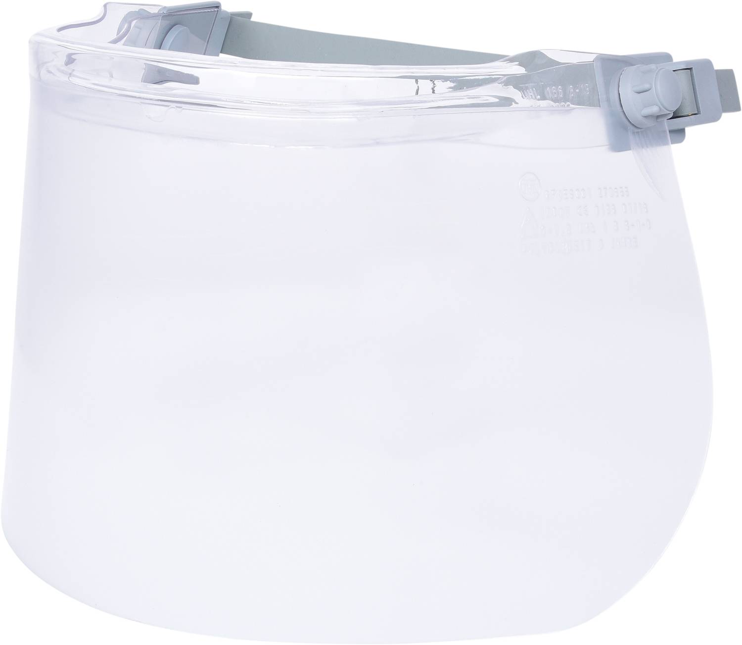 Ein transparenter Gesichtsschutz aus Kunststoff mit einem verstellbaren grauen Gurt oben. Solche Schutzvorrichtungen werden oft in medizinischen und industriellen Umgebungen verwendet.
