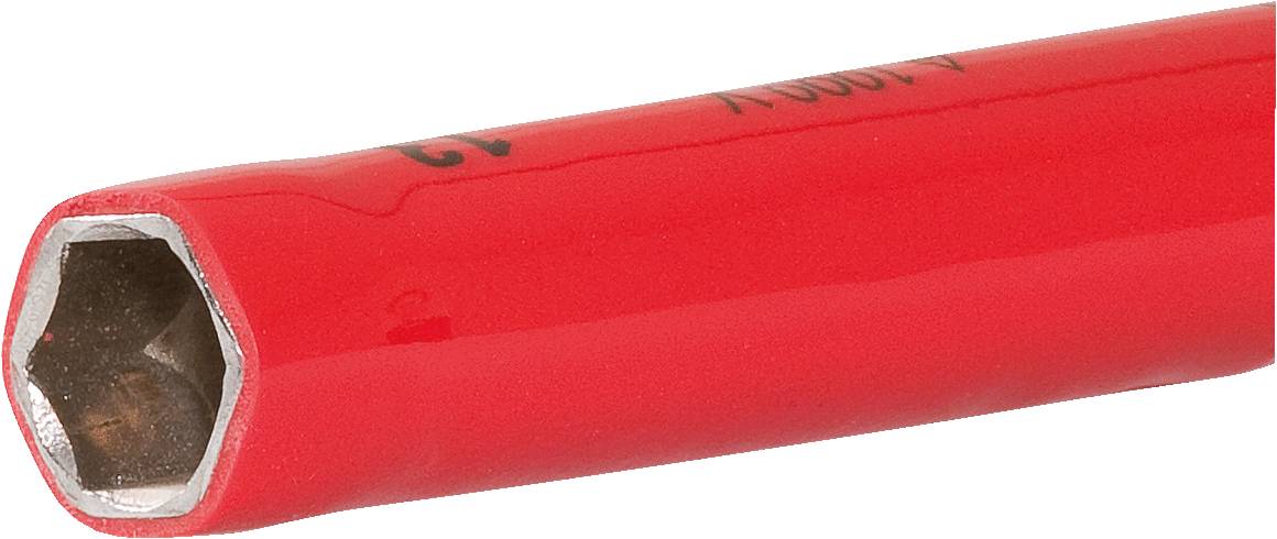 Roter Sechskantschlüssel mit einer metallischen Innensechskantöffnung, horizontal ausgerichtet. Eignet sich zum Anziehen von Sechskantschrauben.