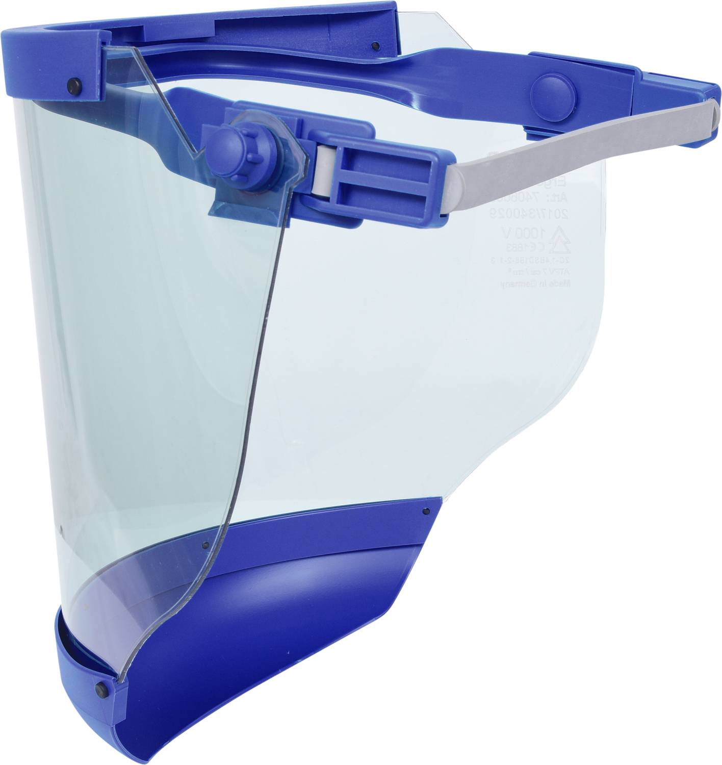 Gesichtsvisier aus klarem Kunststoff mit blauem Rahmen und Kopfband zur Schutzfunktion in Arbeitsumgebungen.