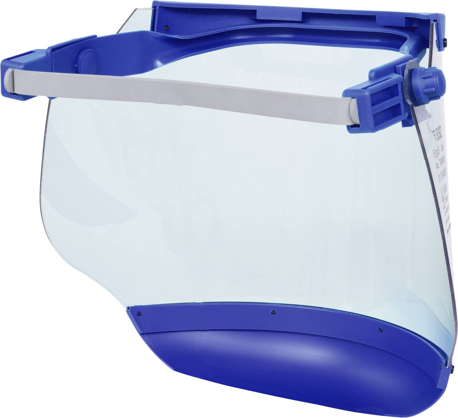 Gesichtsschutzschild aus klarem Kunststoff mit blauem Rahmen und verstellbarem Kopfband, geeignet für Schutzmaßnahmen.