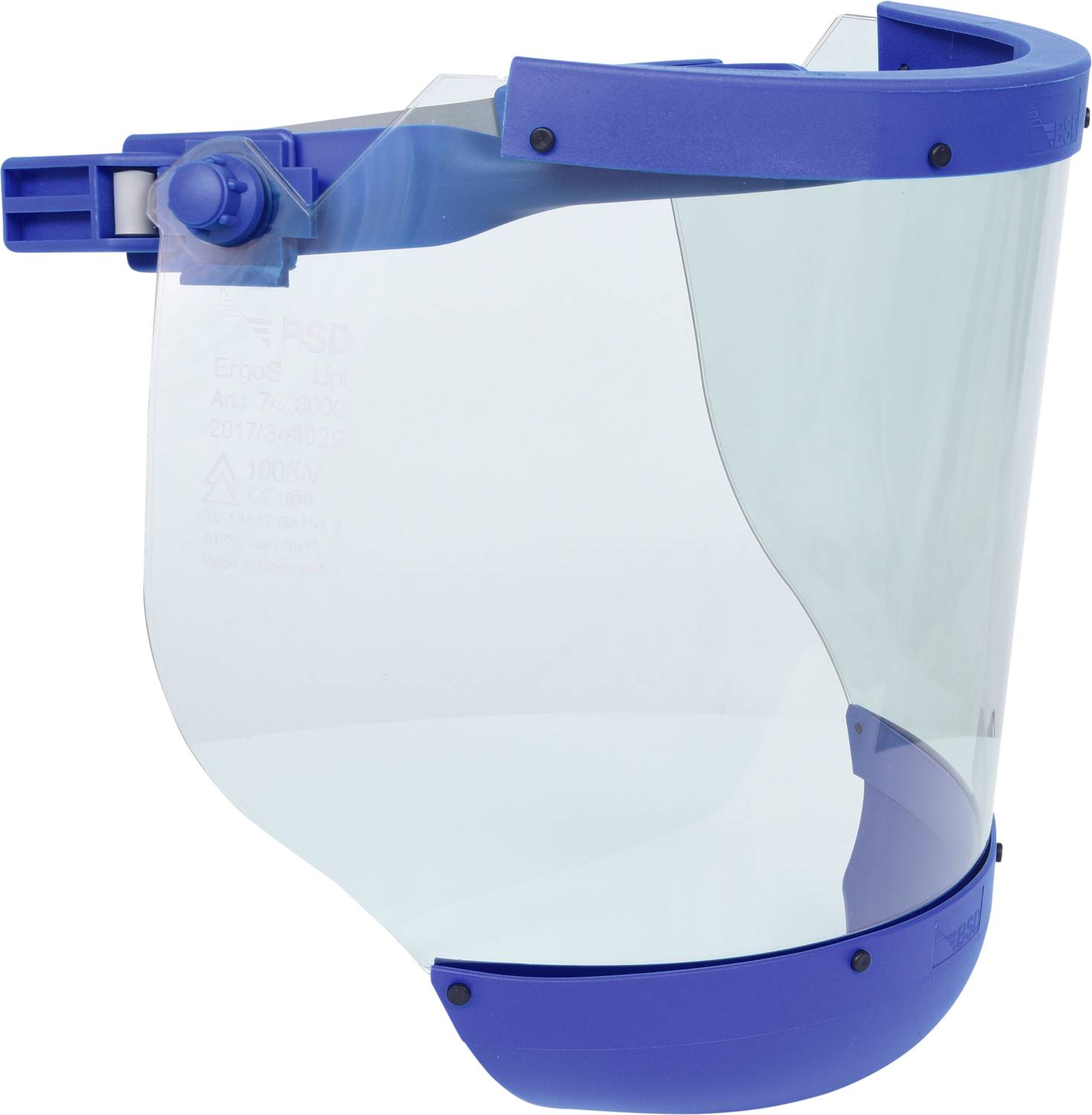 Ein blaues Gesichtsschutzschild aus Kunststoff mit durchsichtigem Visier.