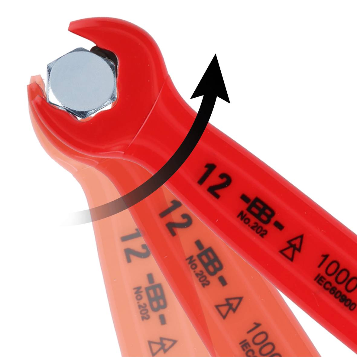 Ein roter Ringmaulschlüssel dreht eine silberne Sechskantschraube nach rechts. Auf dem Schlüssel steht '12-No.202 IEC60000'.