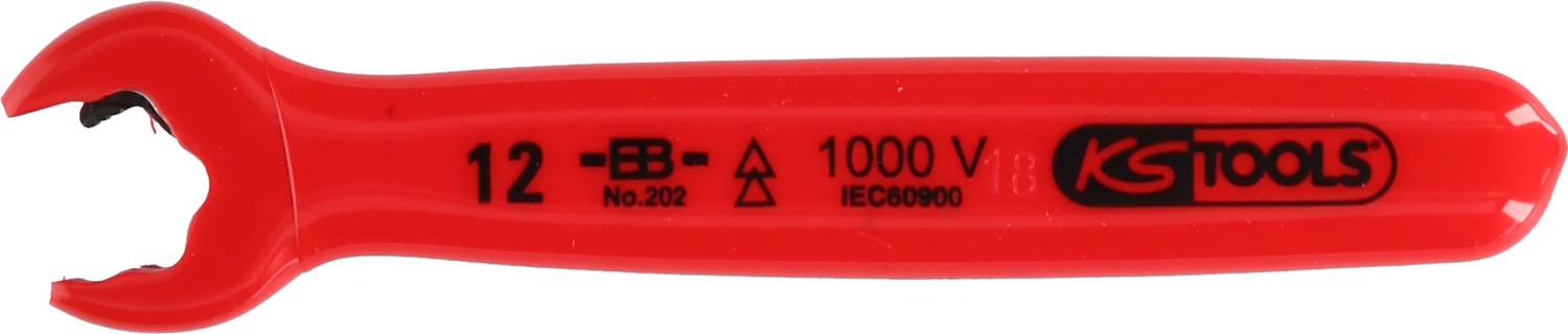 Roter isolierter Schraubenschlüssel von 'KS Tools', geeignet für Arbeiten bis 1000 V. Größe: 12. Seriennummer: 202. Elektrische Prüfung: IEC60900.