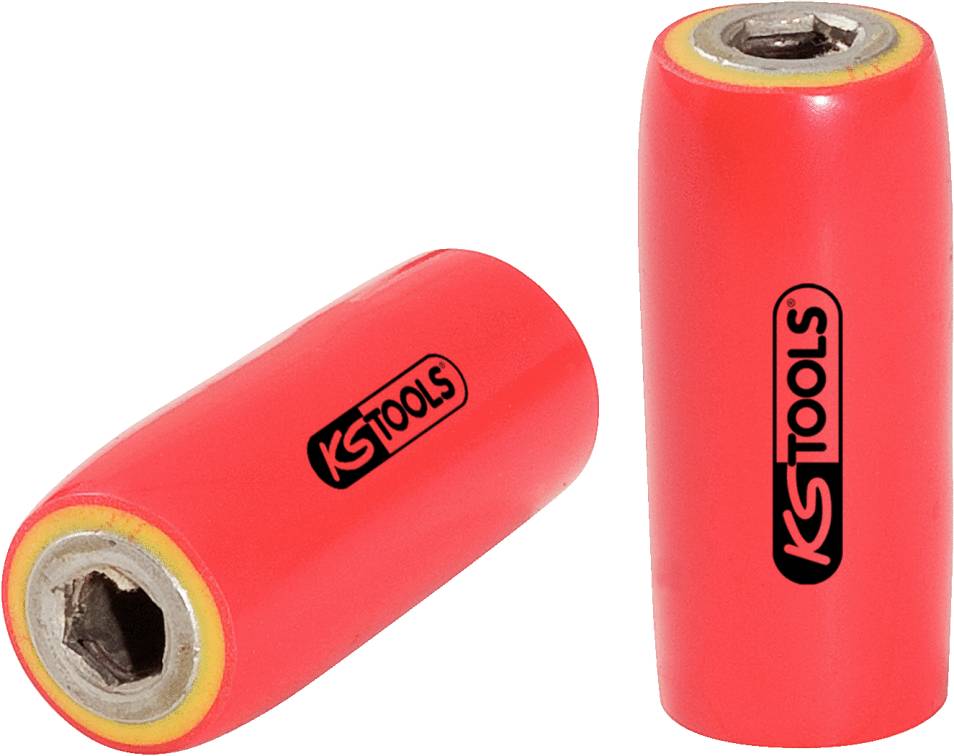 Zwei rote Stecknüsse mit KS Tools-Logo, eine liegt, die andere steht.