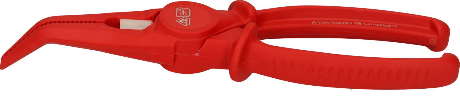 Eine rote Kunststoffzange mit isolierten Griffen, geeignet für Arbeiten an elektrischen Bauteilen.