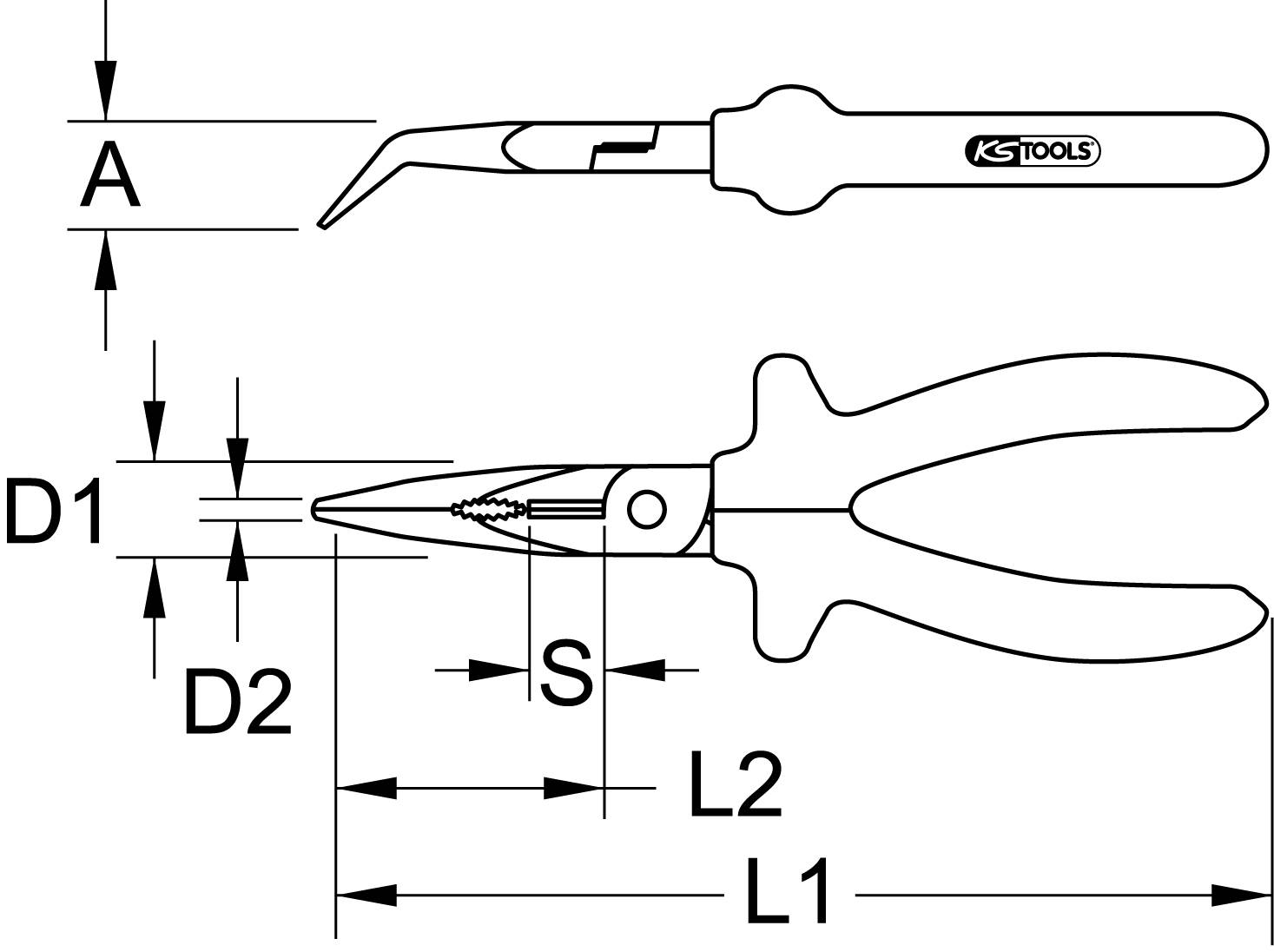 Zeichnung eines Hakenschneiders und einer Zange von KS Tools mit Maßangaben: A, D1, D2, S, L1, L2.