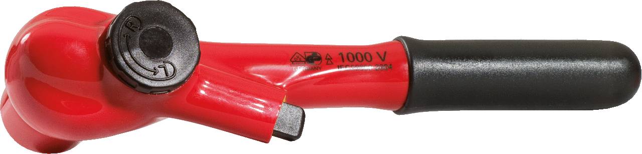 Ein isolierter, roter Schraubenschlüssel mit schwarzem Griff und der Kennzeichnung '1000 V' für sicheren Gebrauch bei elektrischen Arbeiten.