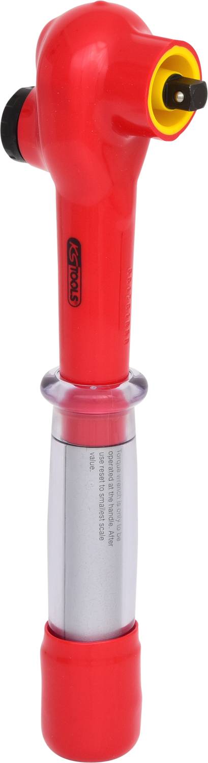 Ein roter Reifenluftdruckprüfer mit Metallgriff und schwarzer Spitze, nützlich für das Überprüfen von Autoreifenluftdruck.