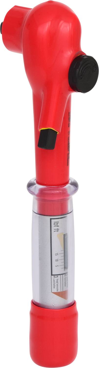 Ein roter Drehmomentschlüssel mit einem Anzeige-Element für genaue Messungen. Geeignet für präzise Anwendungsfälle im Handwerk.