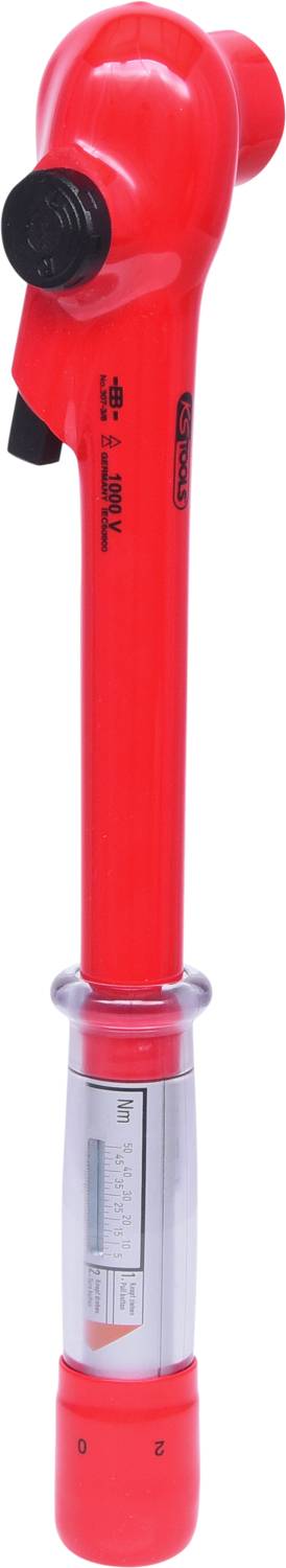 Ein rotes elektrisches Massagegerät mit einem runden Kopf und einem silbernen Griff. Es ist für die Tiefenmassage konzipiert.