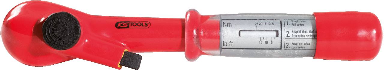 Roter Drehmomentschlüssel mit Skala für Newtonmeter und Fuß-Pfund.