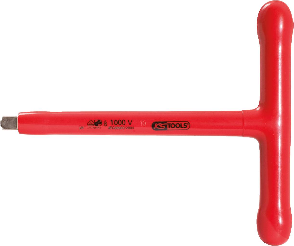 Ein roter T-Griff-Schlüssel für Arbeiten bis 1000 Volt von KS Tools. Geeignet zur sicheren Anwendung bei elektrischen Arbeiten.