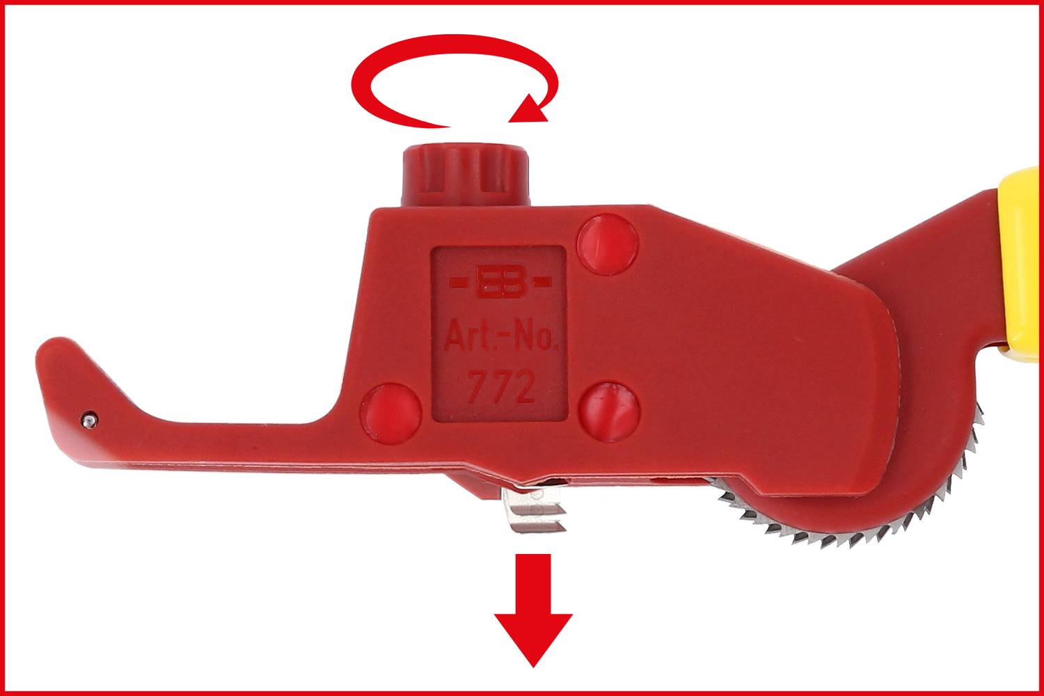 Seitenschneider-Werkzeug mit rotem Griff und Zahlen 'Art.-Nr. 772'. Pfeile zeigen Dreh- und Schneidrichtung an.