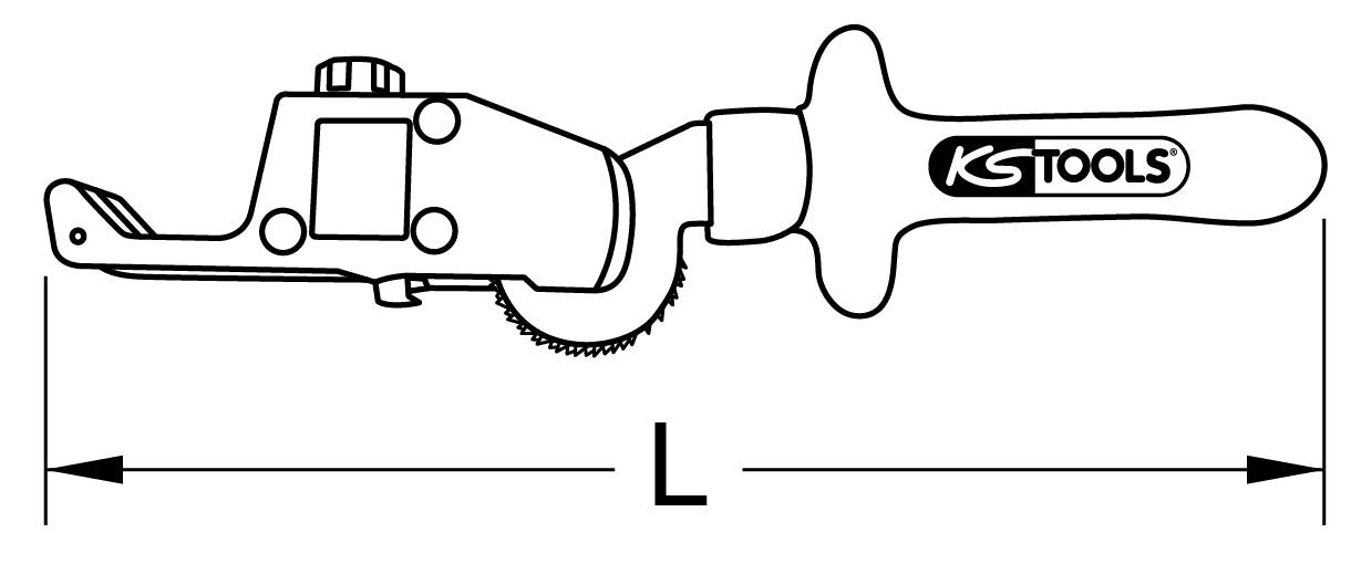 Technische Zeichnung eines Bremsscheiben-Dickenmessers der Marke 'KS Tools' mit Angabe der Länge 'L' unter dem Werkzeug.