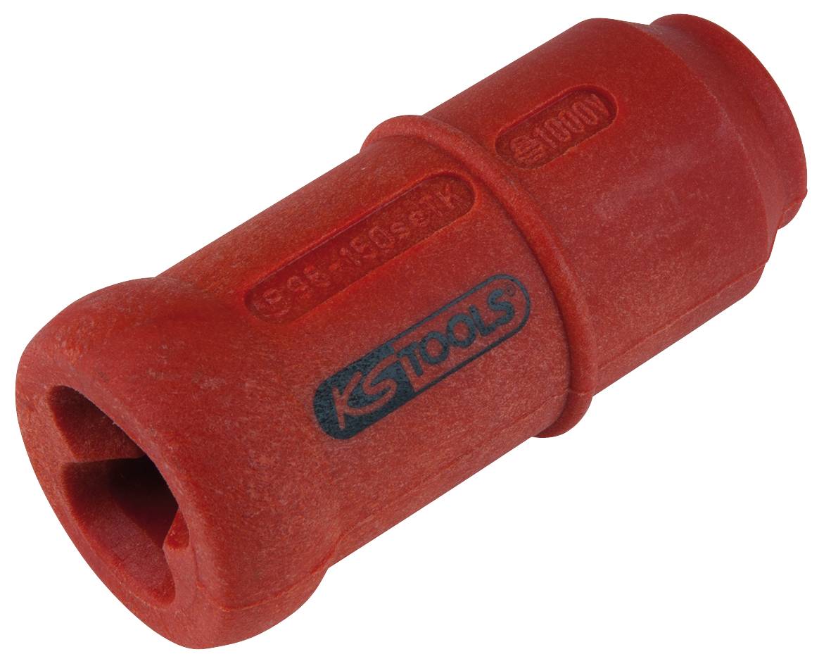 Rotes Werkzeug von KS Tools, geformt wie eine Hülse, vermutlich zum Isolieren oder Verlängern von Verbindungen im handwerklichen Kontext.