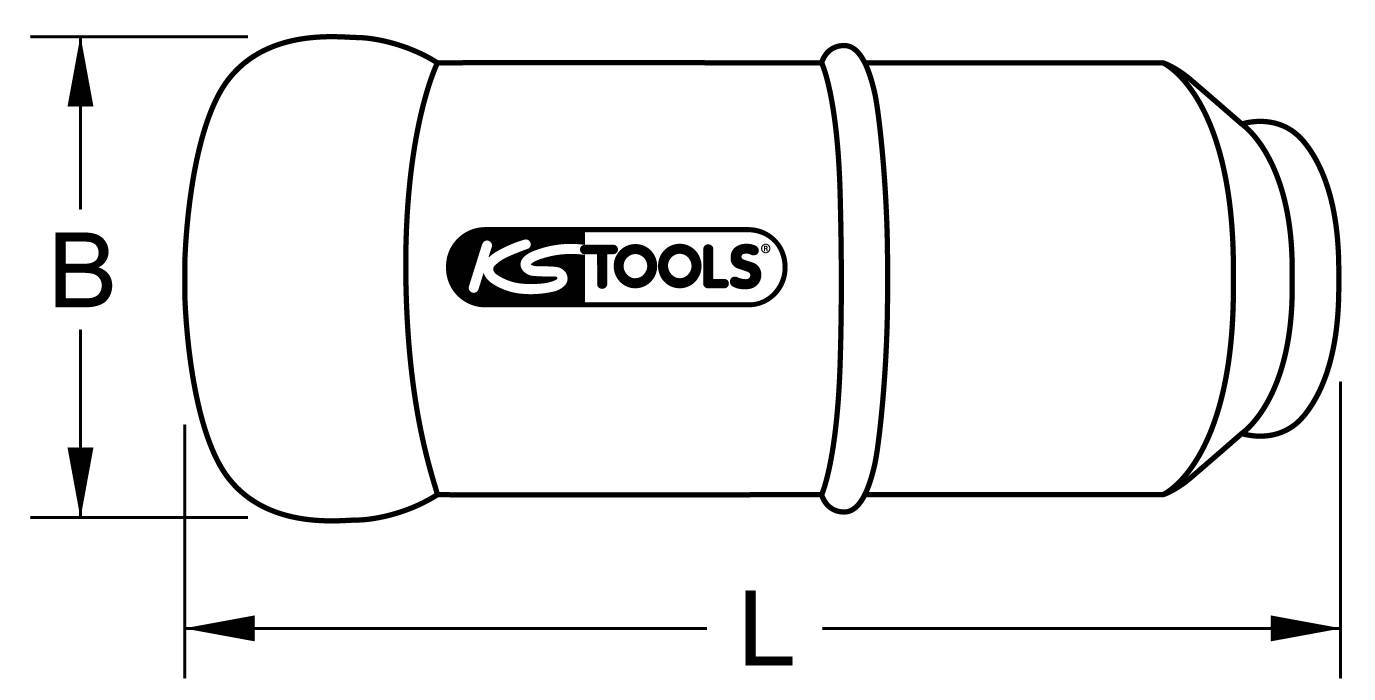Schwarz-weiß Illustration eines Werkzeugs mit der Aufschrift 'KS Tools'. Gezeigt werden Länge 'L' und Breite 'B' mittels Pfeilen.