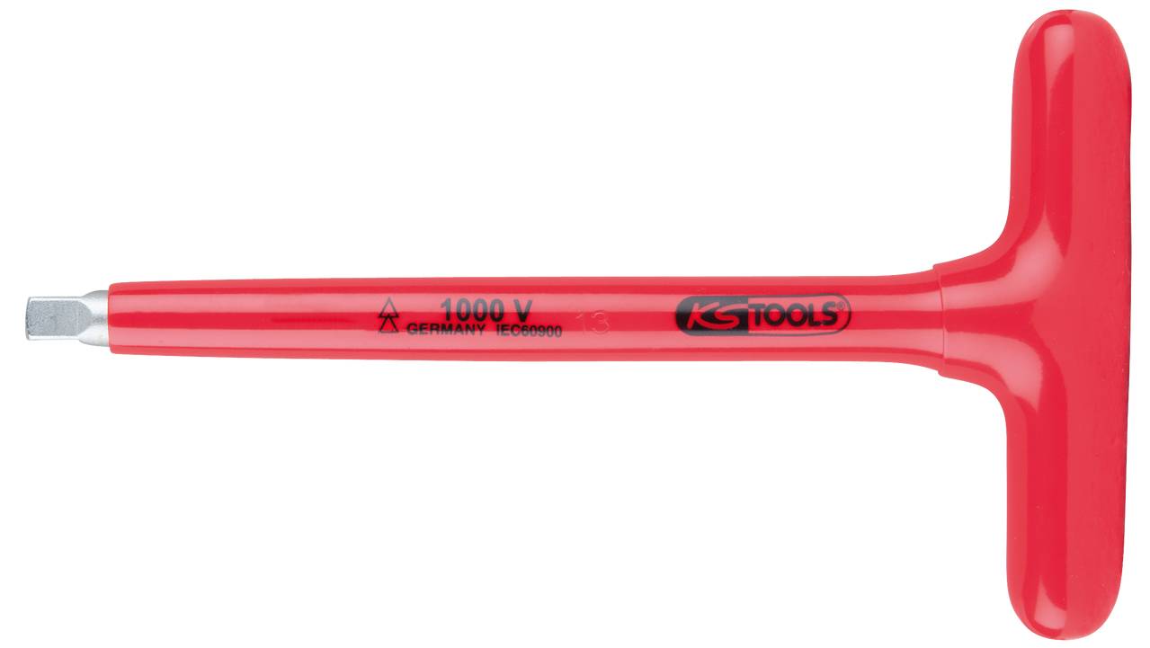Ein isolierter Schraubendreher mit T-Griff, geeignet für Spannungen bis 1000 V. Markenname und Spezifikationen sind aufgedruckt.