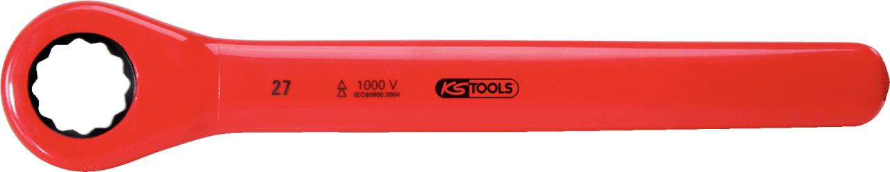 Ein roter isolierter Schraubenschlüssel von KS Tools, Größe 27, geeignet für Arbeiten an Stromleitungen bis 1000 V.