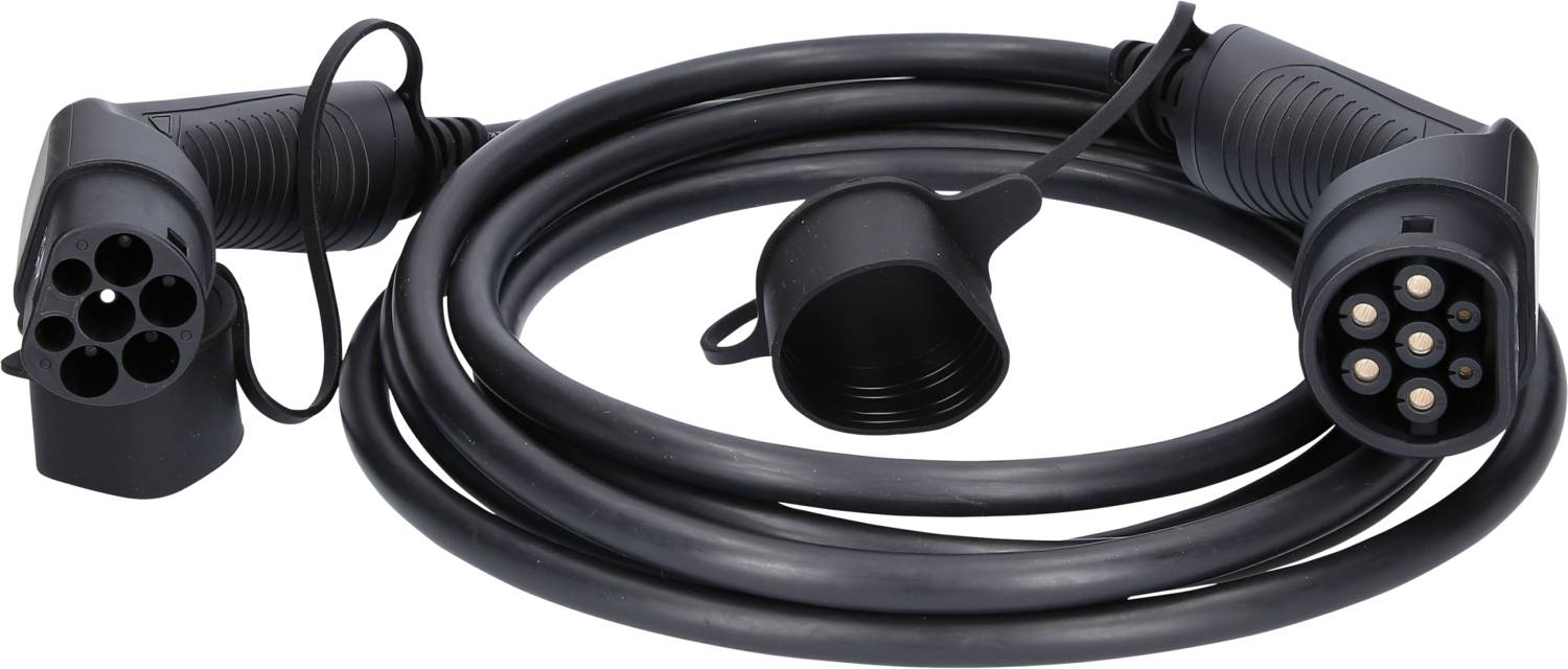 Elektroauto-Ladekabel mit zwei Steckern und Abdeckung, aufgerollt und bereit zur Verwendung.