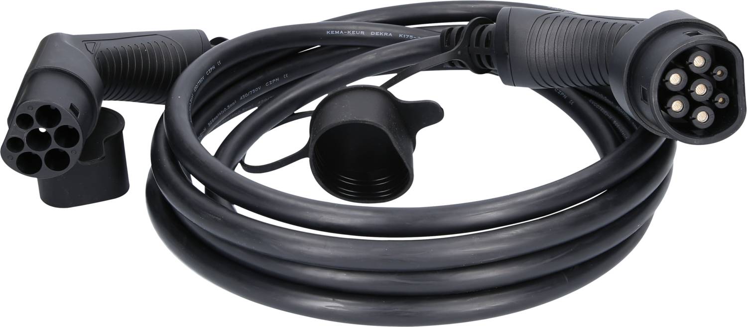 Ladekabel mit Typ-2-Stecker für Elektrofahrzeuge, schwarzes Kabel, beide Enden gezeigt; geeignet zum Laden von Elektroautos.