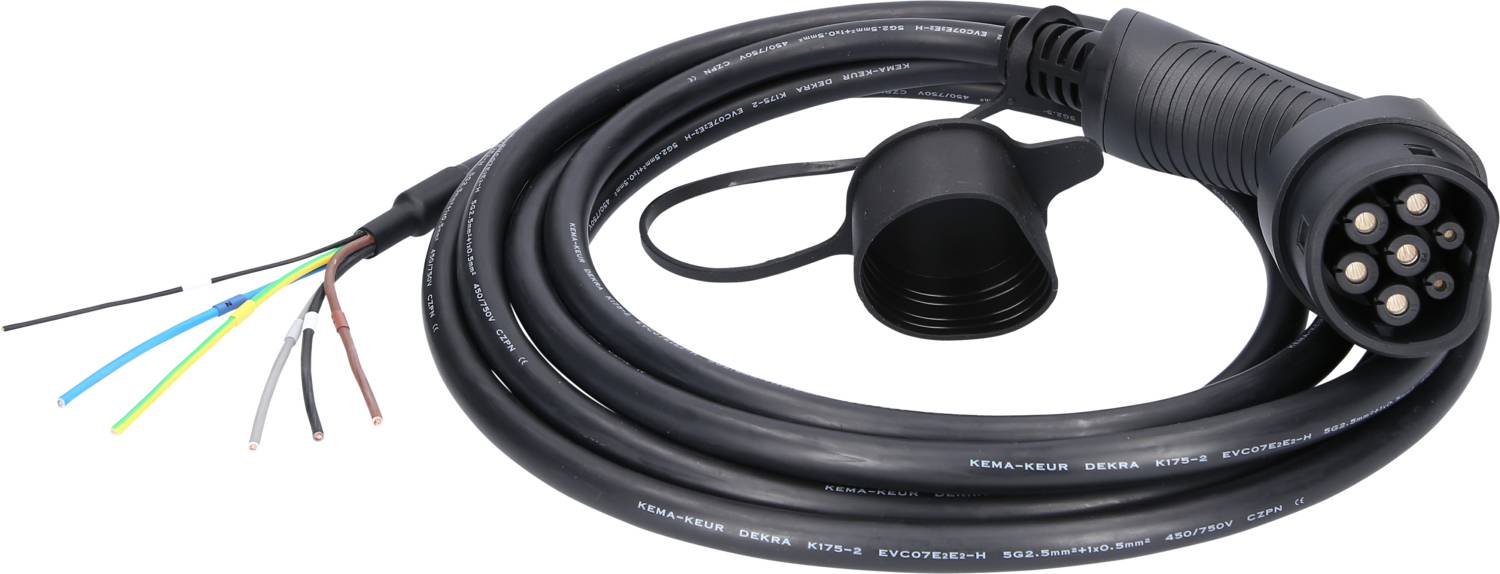 Ein schwarzes, mehradriges Kabel mit Stecker und offenen Drähten am anderen Ende, geeignet für Elektroinstallationen oder Fahrzeugverbindungen.