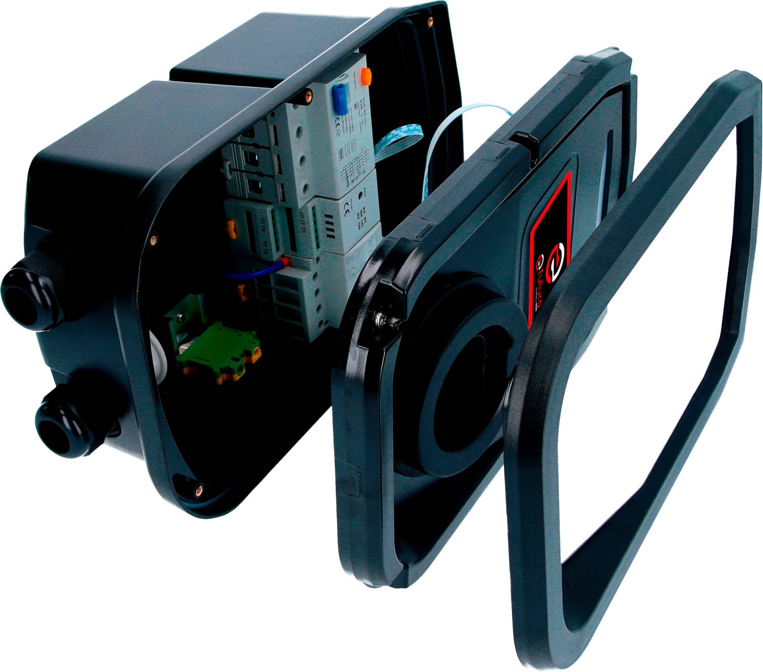 Ein geöffnetes schwarzes Schutzgehäuse zeigt die elektronische Innenkomponente mit Drähten und mehreren Modulen.