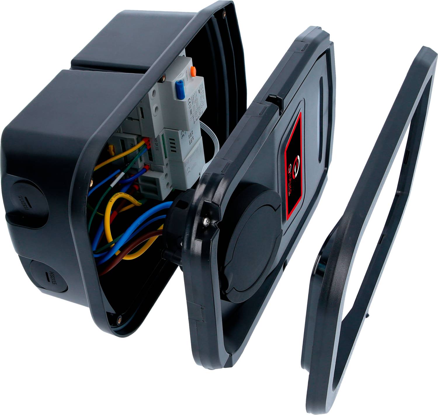 Elektrischer Verteilerkasten mit geöffnetem Deckel, zeigt Kabel und Schaltgerät im Inneren. Geeignet für technische Installationen.