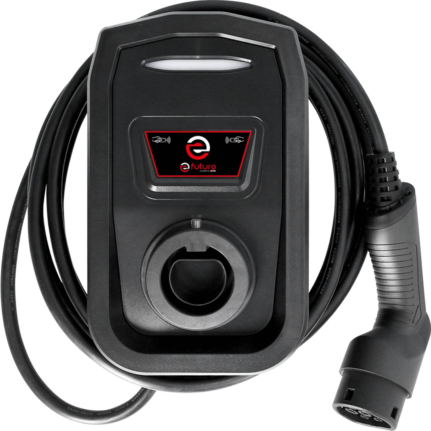 Schwarze Ladebox für Elektrofahrzeuge mit Kabel und Stecker. Logo in der Mitte der Box. Gerät für das Aufladen von Elektroautos.