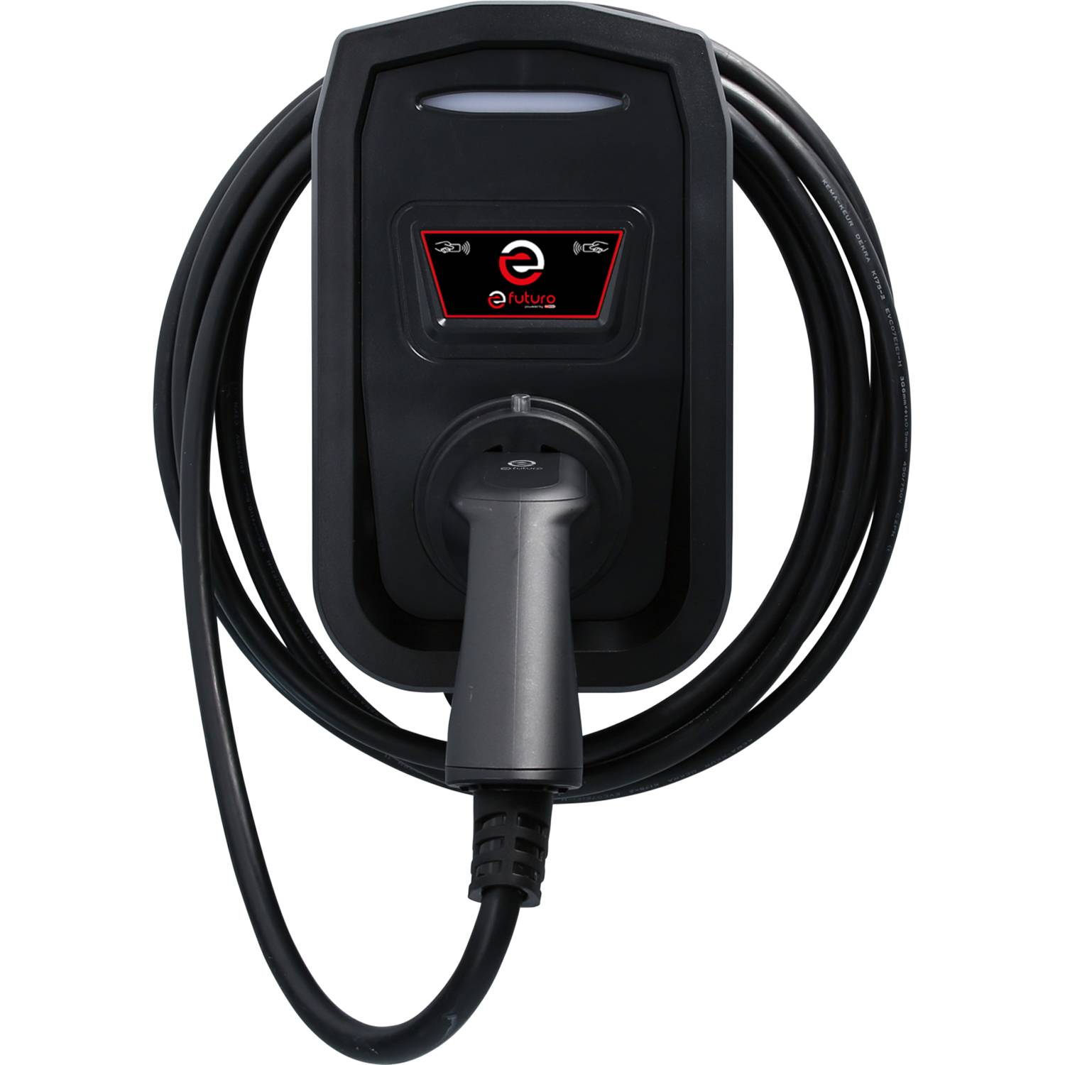 Eine schwarze Wandladestation für Elektrofahrzeuge mit Ladekabel und Stecker, digitalem Display in der Mitte.