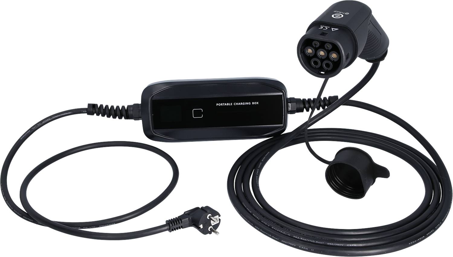 Ein tragbares Ladegerät für Elektroautos mit Kabel und Steckverbindungen.