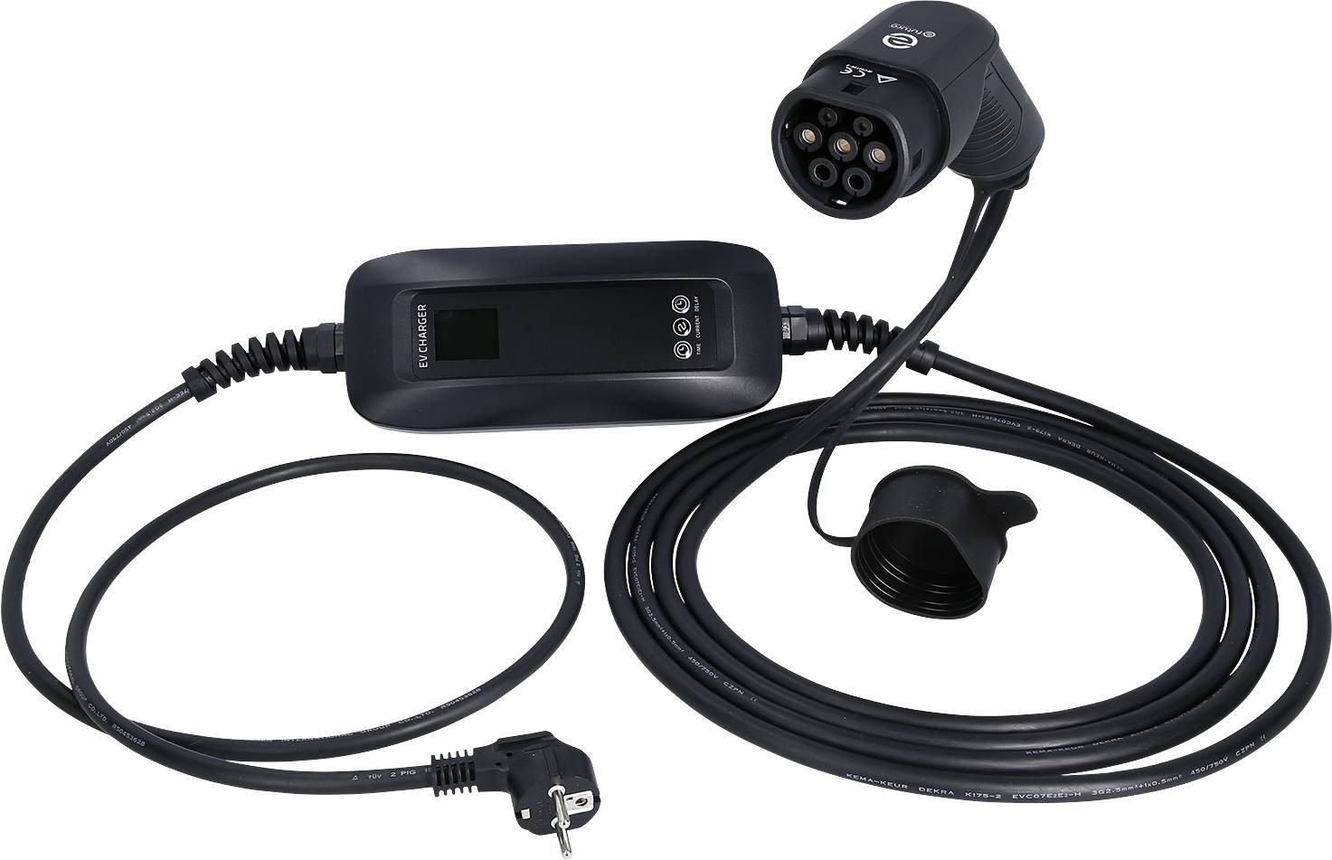 Ein schwarzes Ladekabel für Elektrofahrzeuge mit Stecker und Kontrollbox, geeignet für eine Standardsteckdose, zeigt die Ladeleistung.