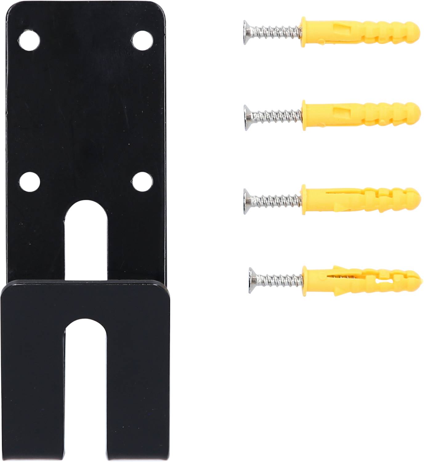 Schwarzer Wandhalter aus Metall mit zwei Löchern zur Befestigung. Drei gelbe Dübel mit Schrauben rechts daneben.