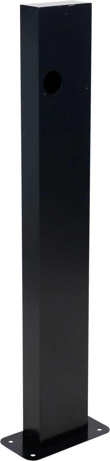 Eine schwarze, rechteckige Stahlpfosten, die auf einer rechteckigen Basis steht. Enthält ein rundes Loch nahe der Oberseite.