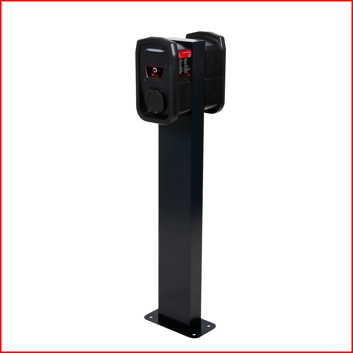 Ladesäule für Elektrofahrzeuge mit zwei Steckdosen auf einem schwarzen Standbein, geeignet für den Außenbereich.
