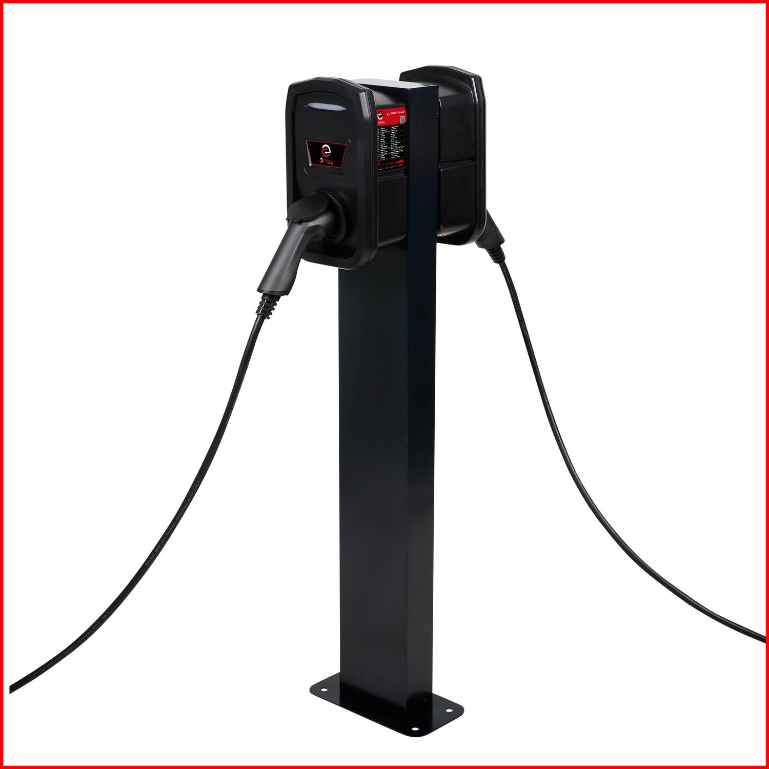 Ladestation für Elektrofahrzeuge mit zwei Steckplätzen, an einem schwarzen Pfosten montiert. Geeignet für Parkplätze oder Garagen.