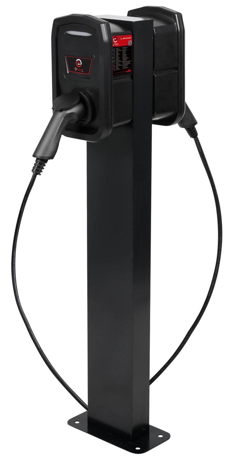 Ladestation für Elektrofahrzeuge mit zwei Ladeanschlüssen an einem schwarzen Ständer; Kable hängen lose nach unten.