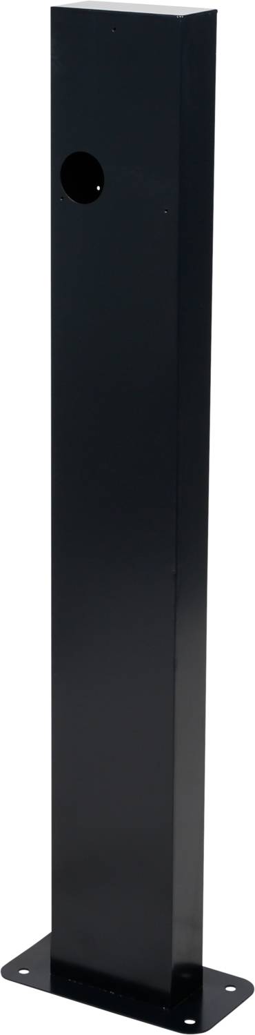 Eine schwarze, rechteckige Metallleiste mit einem runden Loch oben und einer flachen Basis, wahrscheinlich ein Standpfosten.