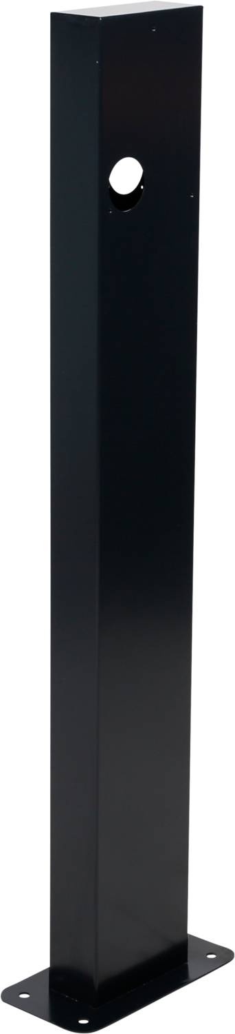 Ein schwarzer, rechteckiger Metallpfosten mit einem Loch in der oberen Hälfte, montiert auf einer flachen Basis.
