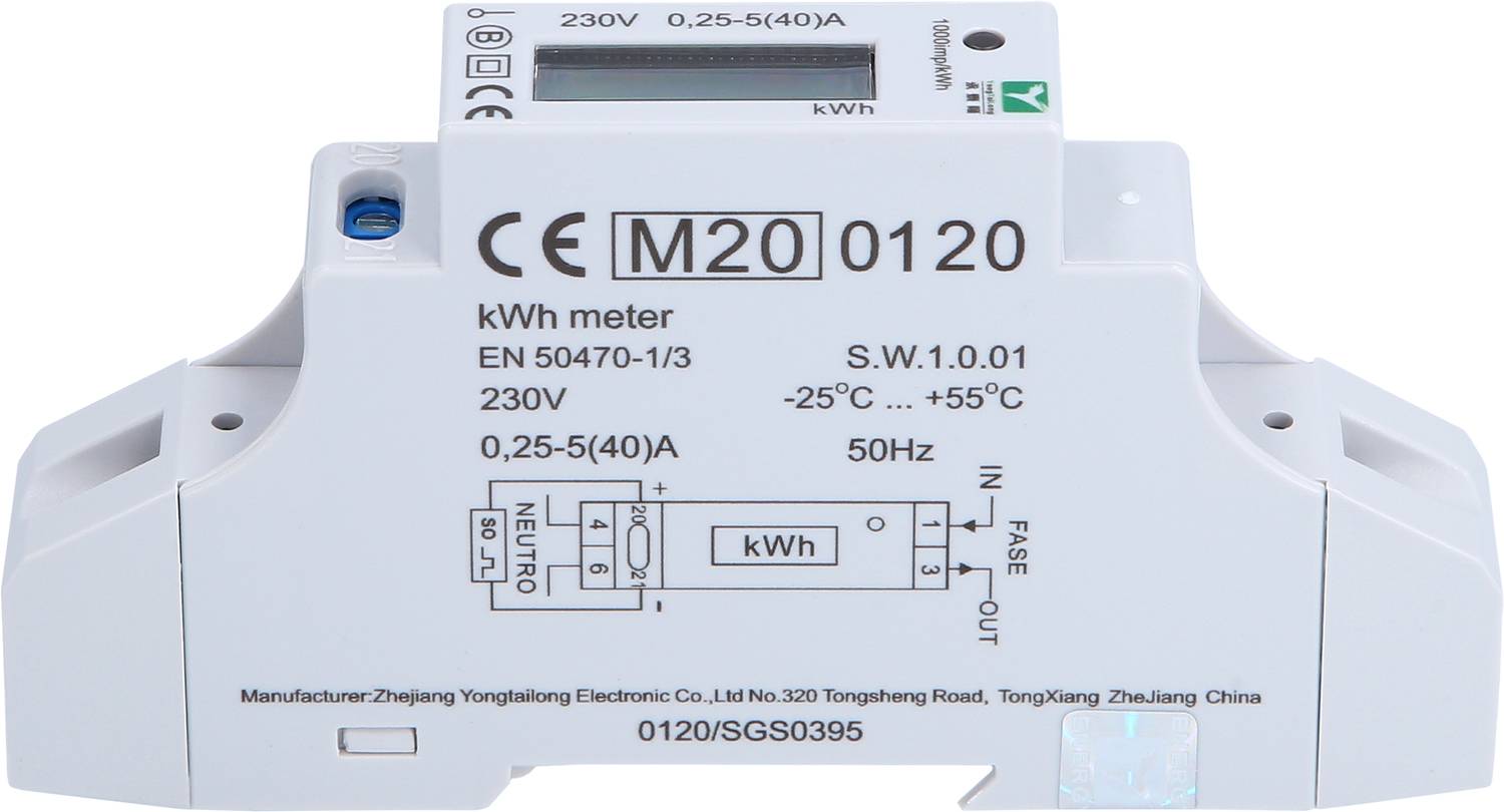 Ein kWh-Zähler, Modell M20, mit Spezifikationen: 230V, 0,25-5(40)A. Hersteller: Zhejiang Yongtailong Electronic Co., Ltd., China.