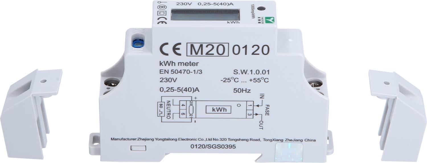 kWh-Zähler, Modell M20 0120, 230V, 0,25-5(40)A, EN 50470-1/3 zertifiziert, ±25°C bis +55°C, zur Energieverbrauchsmessung.