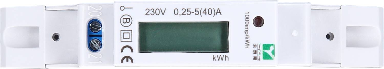 Elektrizitätszähler zur Messung des Stromverbrauchs, zeigt 230 V und 0,25-5(40) A auf einem digitalen Display.