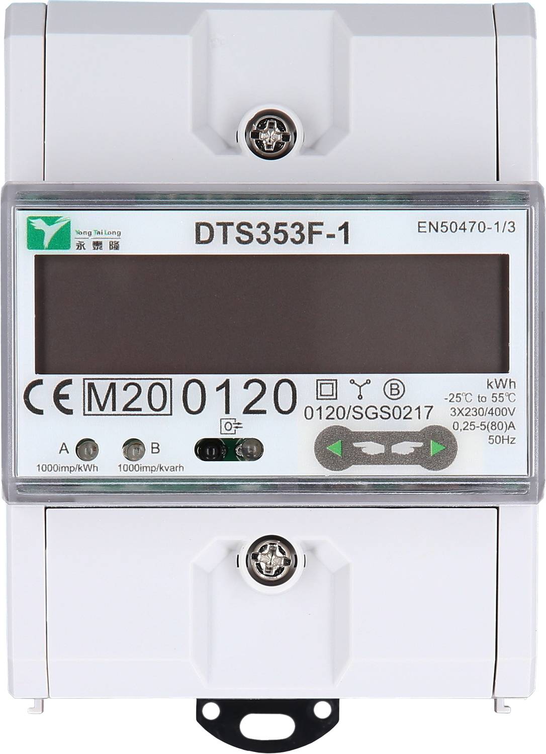 Ein digitaler Stromzähler mit dem Modellnamen 'DTS353F-1', zeigt verschiedene technische Spezifikationen auf der Vorderseite an.