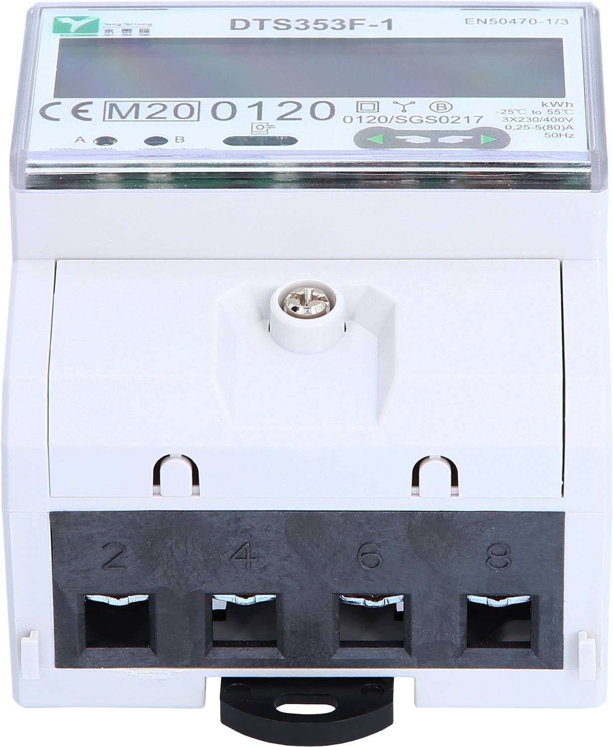 Elektrizitätszähler DTS353F-1, zeigt CE-Kennzeichnung an. Enthält LCD-Display und Klemmenanschlüsse für elektrische Messungen.