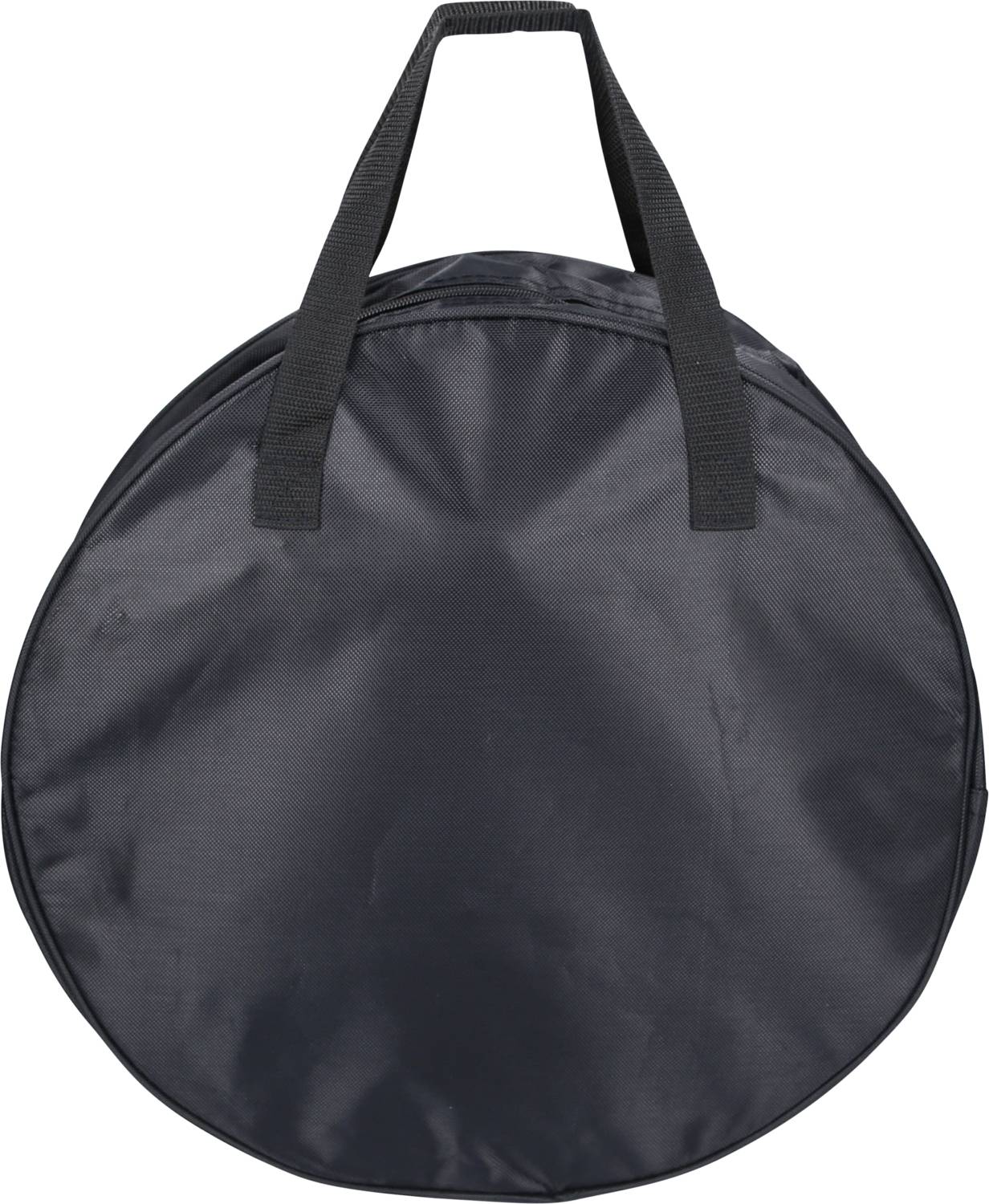 Schwarze, runde Tragetasche mit zwei Griffen. Die Tasche hat eine glatte Oberfläche und dient zur Aufbewahrung oder zum Transport.