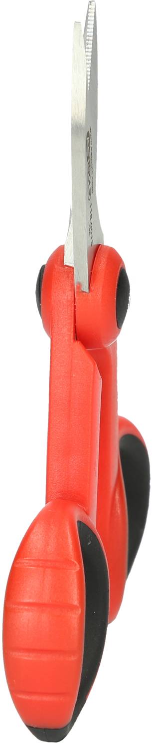 Rote Küchenschere mit ergonomischem Griff und gezahnten Klingen, stehend auf den Griffen, geeignet für den vielseitigen Gebrauch.