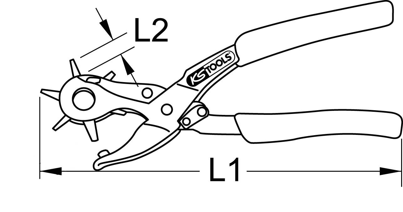 Revolverlochzange mit zwei markierten Längen L1 und L2. Drehbarer Zangenkopf, geeignet zum Stanzen von Löchern in Materialien.