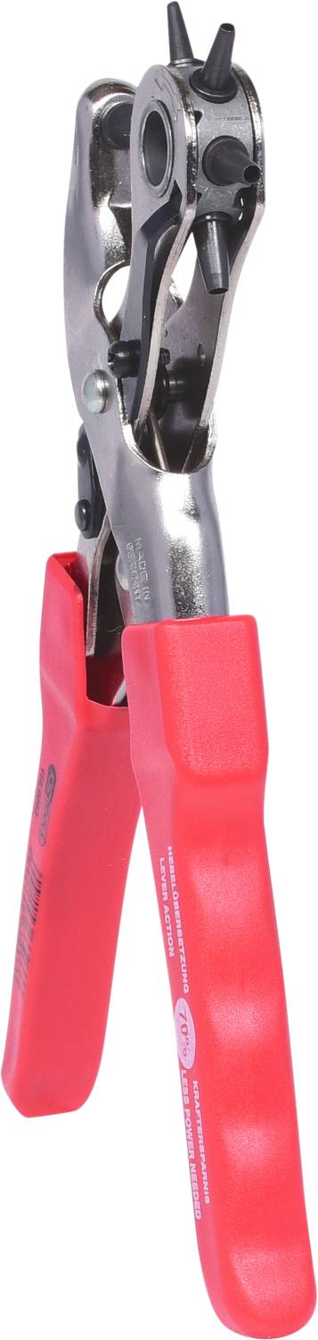 Revolverlochzange mit rotem Griff, verwendet zum Stanzen von Löchern in Materialien wie Leder oder Textil.